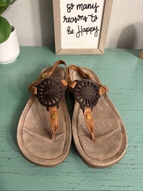 UGG Tan and Dark Brown Leather Toe-Post Sandals